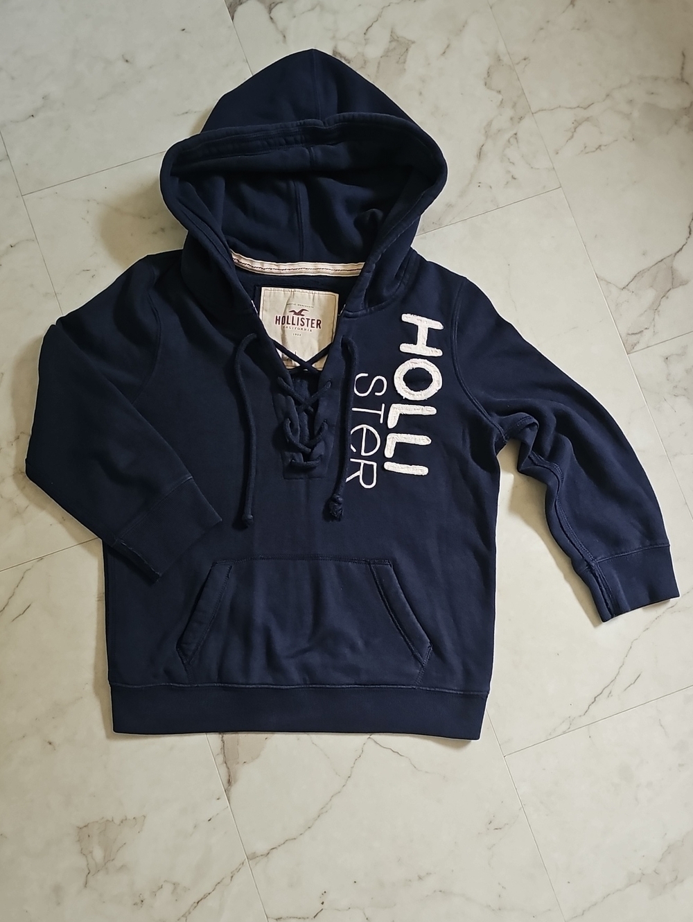 Hollister Women's Navy Lace-Up Pullover Hoodie Sweater